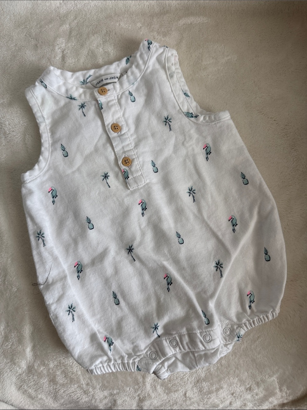 Janie and Jack White Palm & Flamingo Print One-Piece